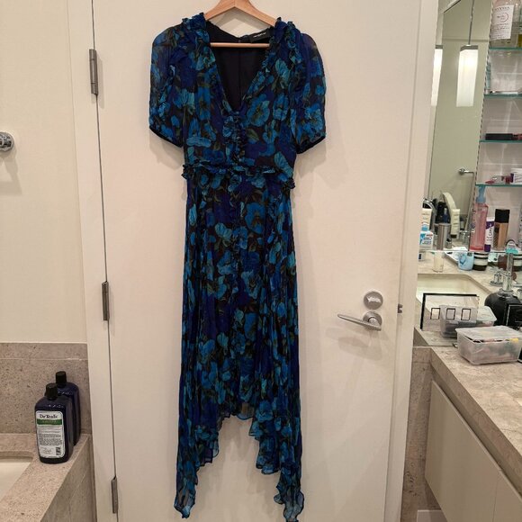 The Kooples Blue Long Printed Dress with Frills - Size 0 - Picture 4 of 5